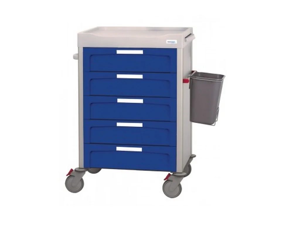 Chariot de soins bleu Novimed 5 tiroirs de H/155 équipé